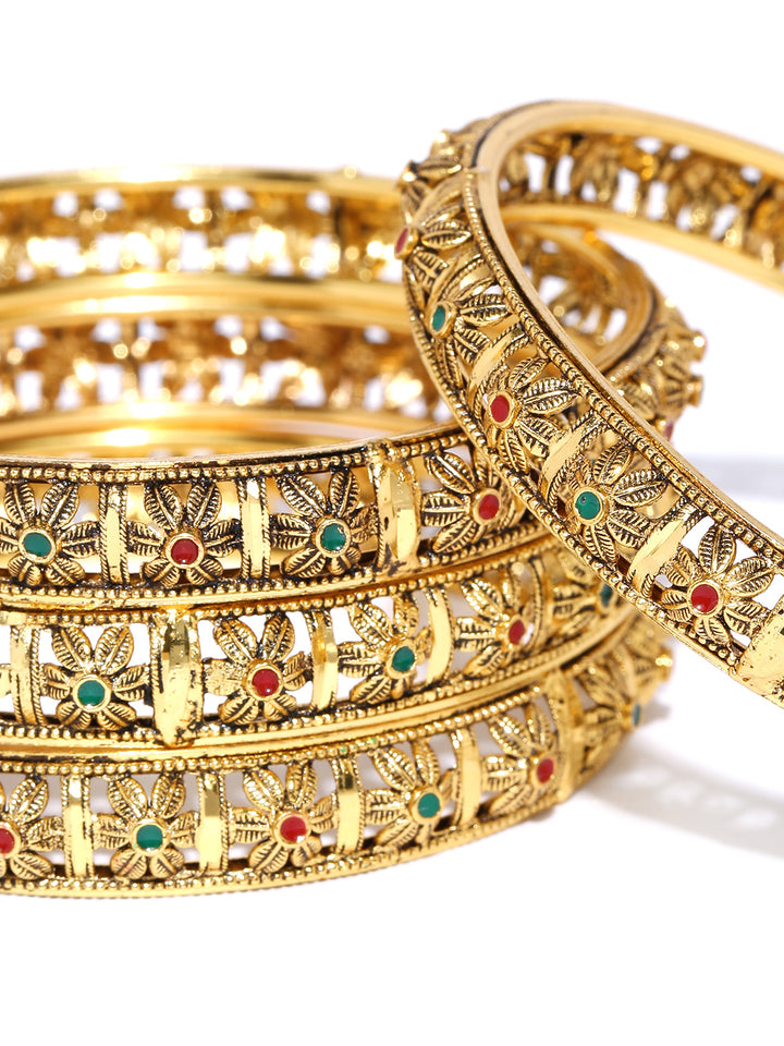Set of 4 Gold-Plated Red & Green Stones Studded Floral Jali work Bangles