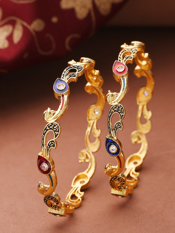 Set Of 2 Gold-Plated Peacock Inspired Meenakari Bangles in Red And Blue Color