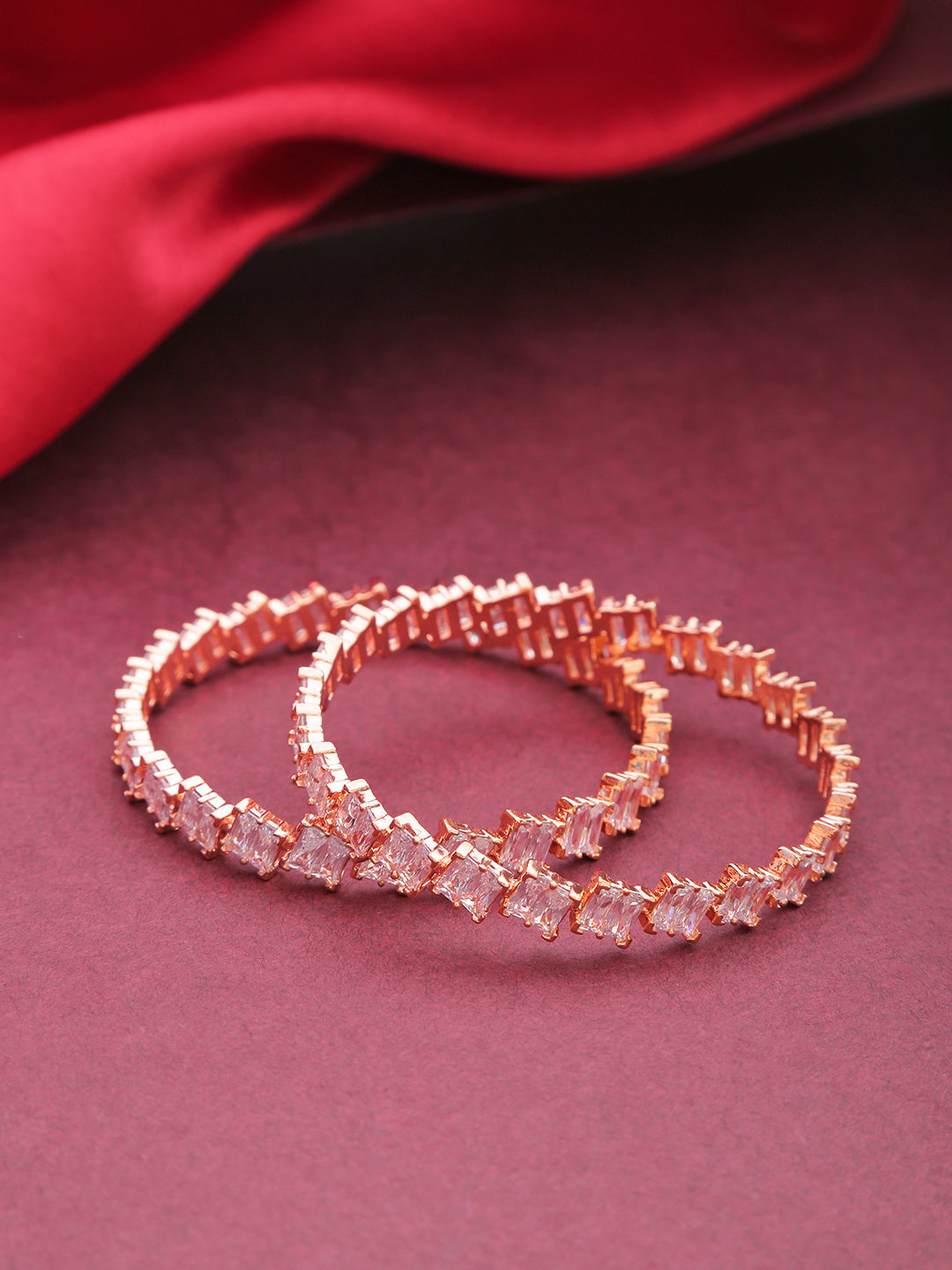 Set Of 2 Rose Gold-Plated Baguette Cut American Diamond Studded Bangles