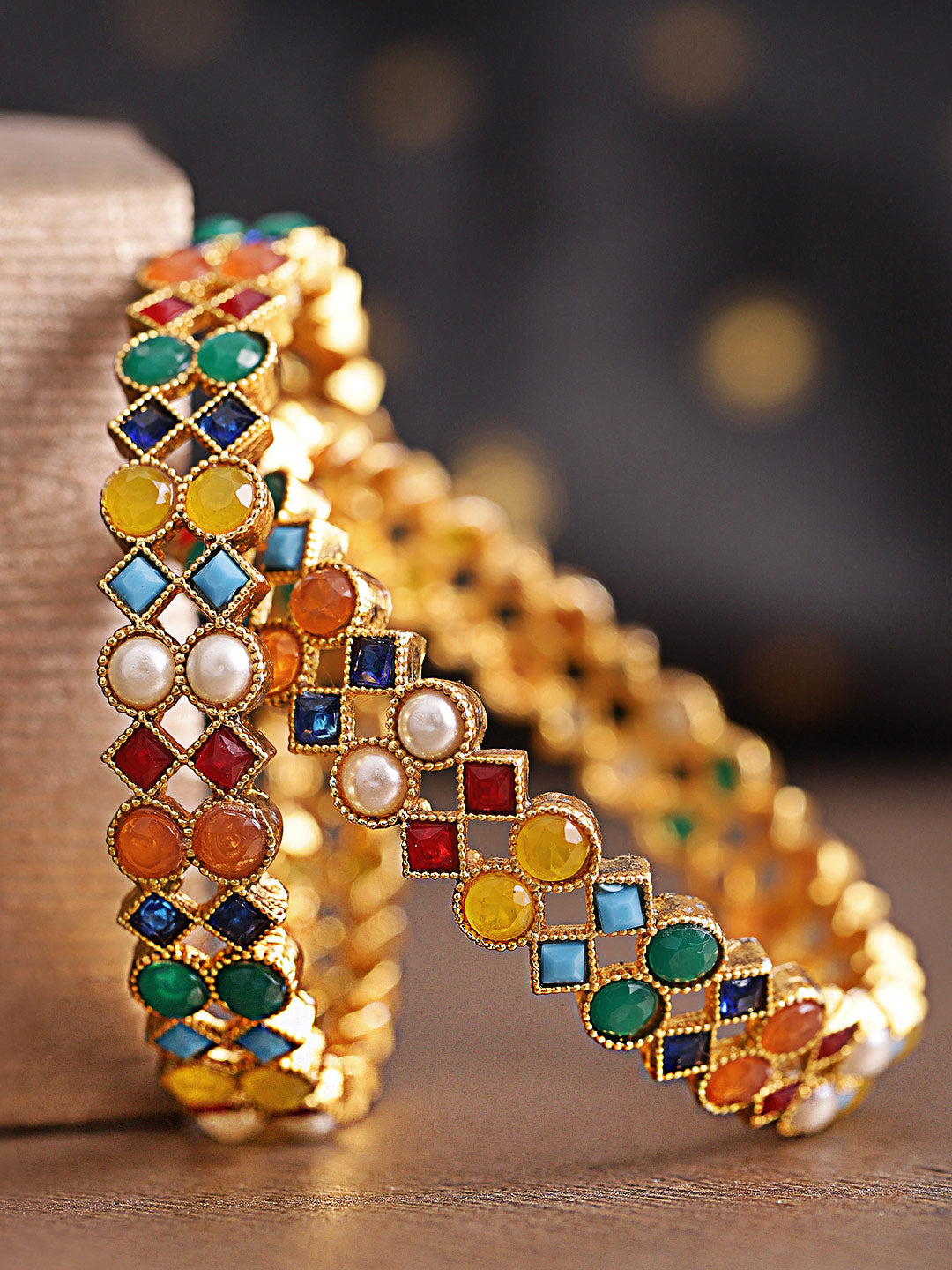 Set Of 2 Gold Plated Pearl And Multicolor Stones Studded Handcrafted Bangles