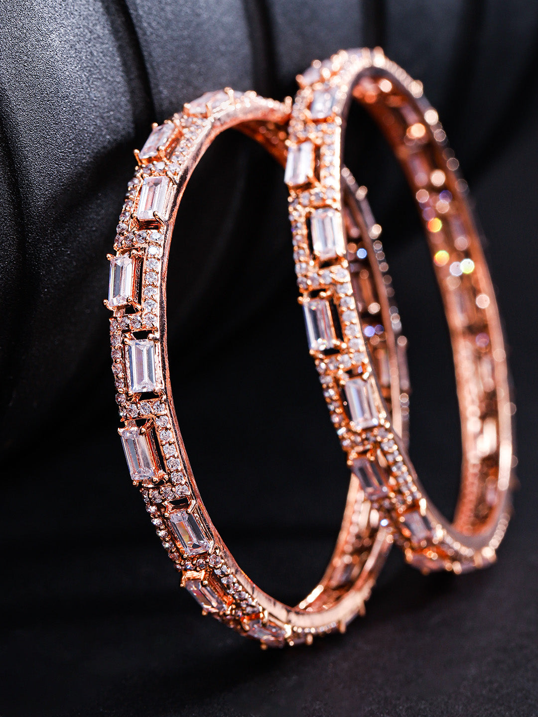 Set Of 2 Rose Gold-Plated American Diamond Studded Geometric Patterned Bangles