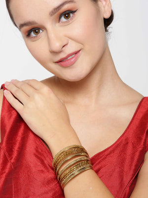 Set Of 18 Gold Plated Plain, Stone Studded And Twisted Rope Pattern Bangles