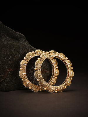 Set Of 2 Gold Plated Stone And Beads Studded Beautiful Self Design Kada Bangles