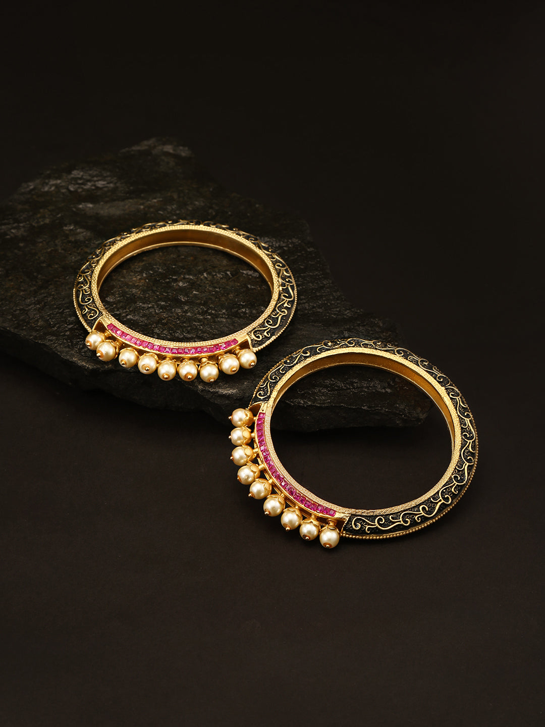 Set Of 2 Matte Gold Finish Stones And Pearl Studded Multicolor Bangles