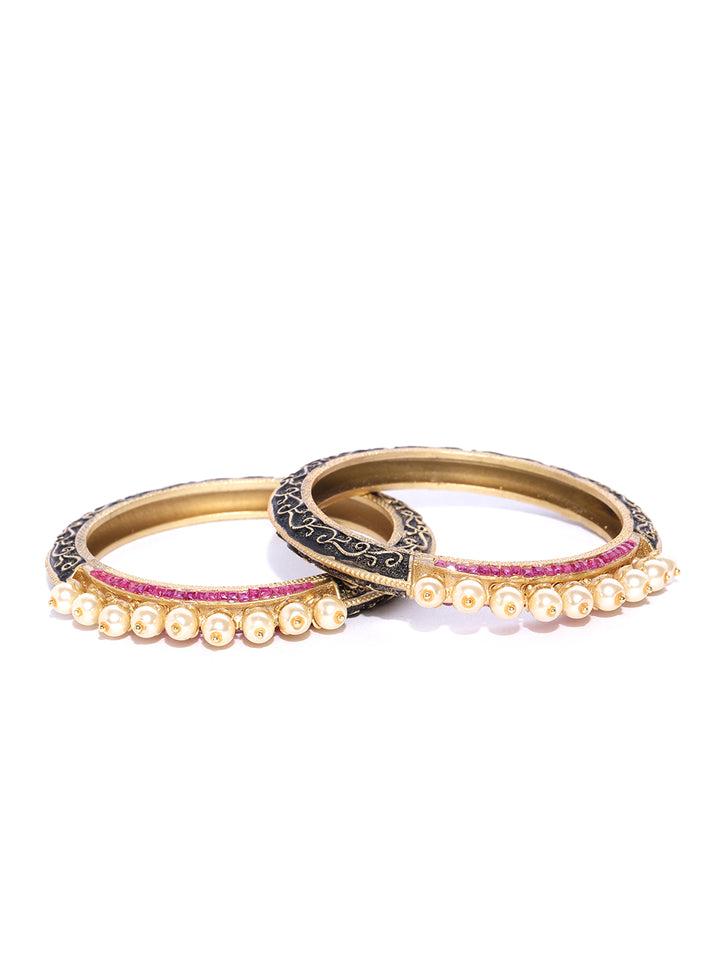 Set Of 2 Matte Gold Finish Stones And Pearl Studded Multicolor Bangles