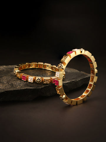 Set Of 2 Gold Plated AD And Red Stones Studded Geometric Pattern Multicolor Bangles