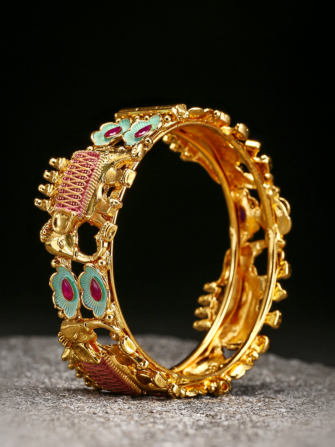 Gold-Plated Ruby Studded Elephant Inspired Meenakari Bangles in Pink and Green Color
