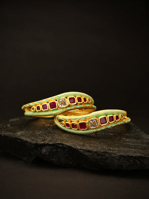 Set Of 2 Matte Gold AD And Maroon Stone Studded Mint Green Curved Shape Bangles