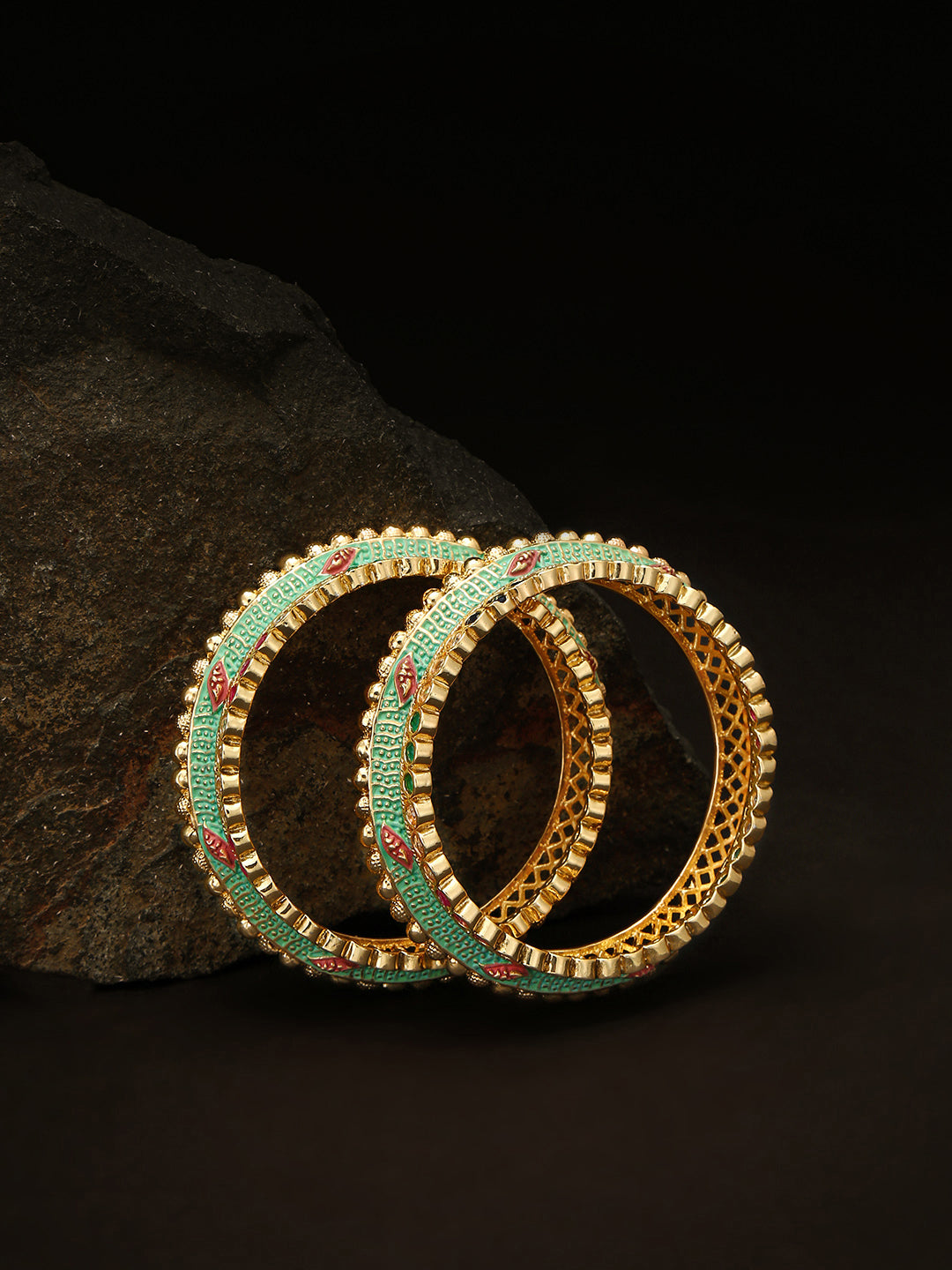 Set Of 2 Gold-Plated Multicolor Stones Studded Mint Green Meenakari Bangles