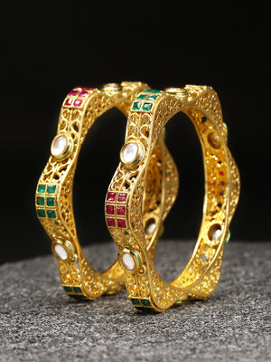 Set Of 2 Gold Plated Kundan And Multicolor Stone Studded Wave Patten Bangles