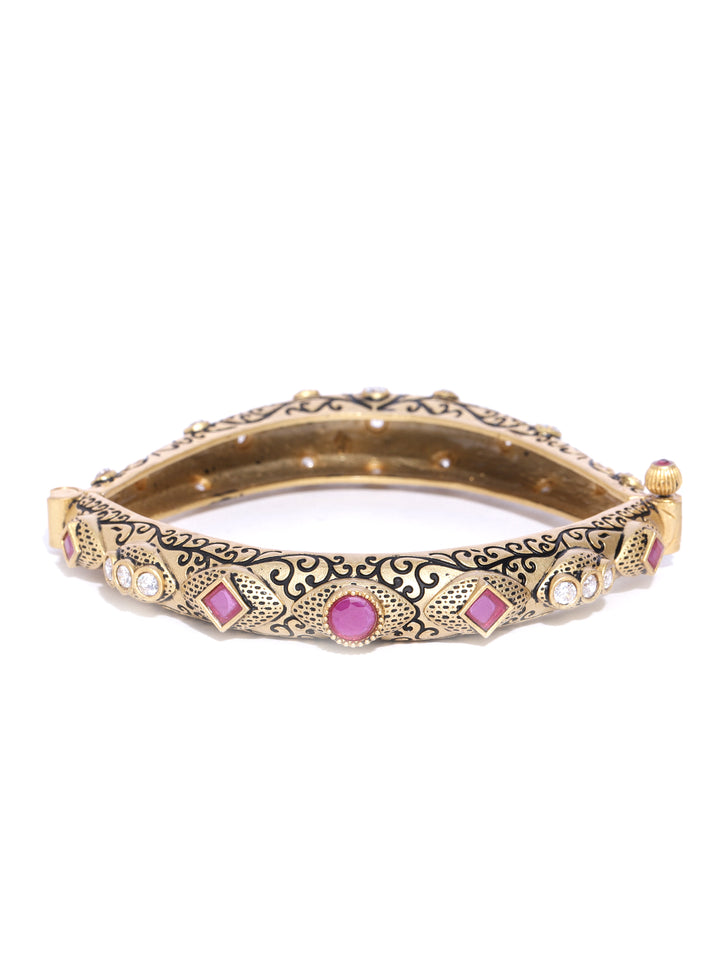 Gold-Plated American Diamond & Ruby Studded Openable Bangle
