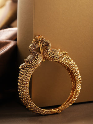 Gold-Plated Ruby Studded Peacock Inspired Textured Openable Bangle