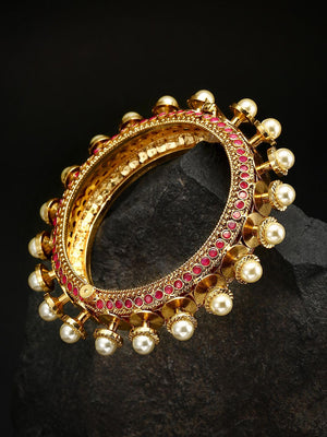 Gold-Plated Ruby and Pearls Studded Bangle