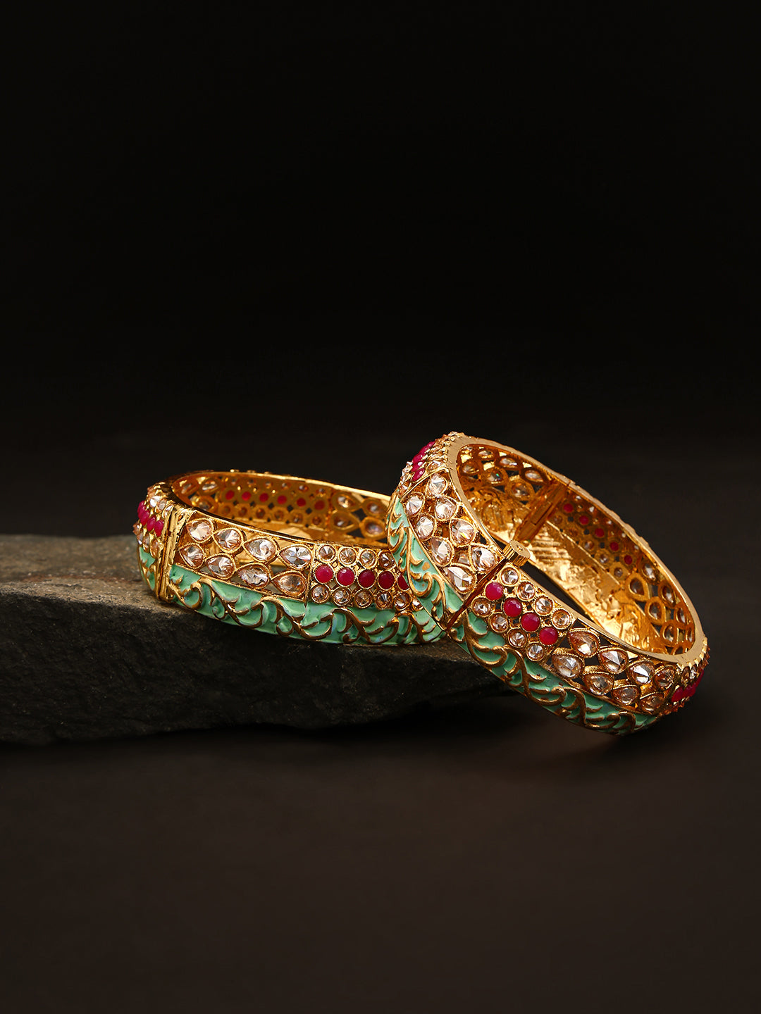 Set Of 2 Gold-Plated Ruby & American Diamond Studded Mint Green Meenakari Openable Bangle