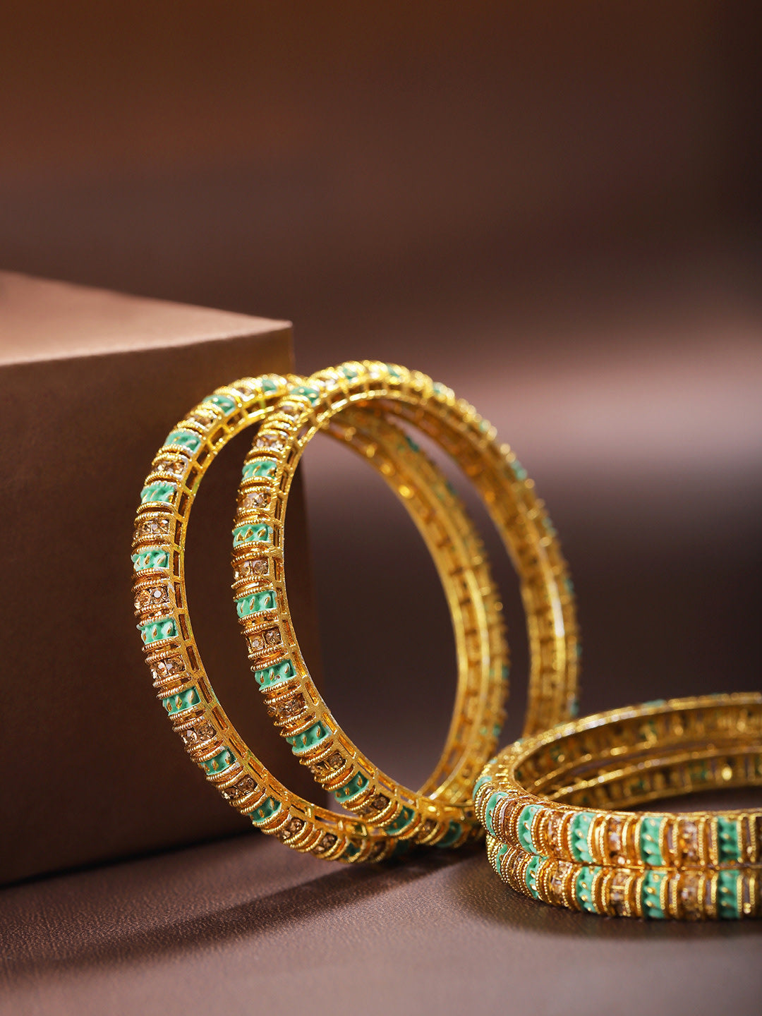 Set Of 4 Gold-Plated Stones Studded Mint Green Meenakari Bangles