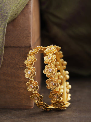 Set Of 2 Gold-Plated Stones Studded Bangles in Floral Pattern