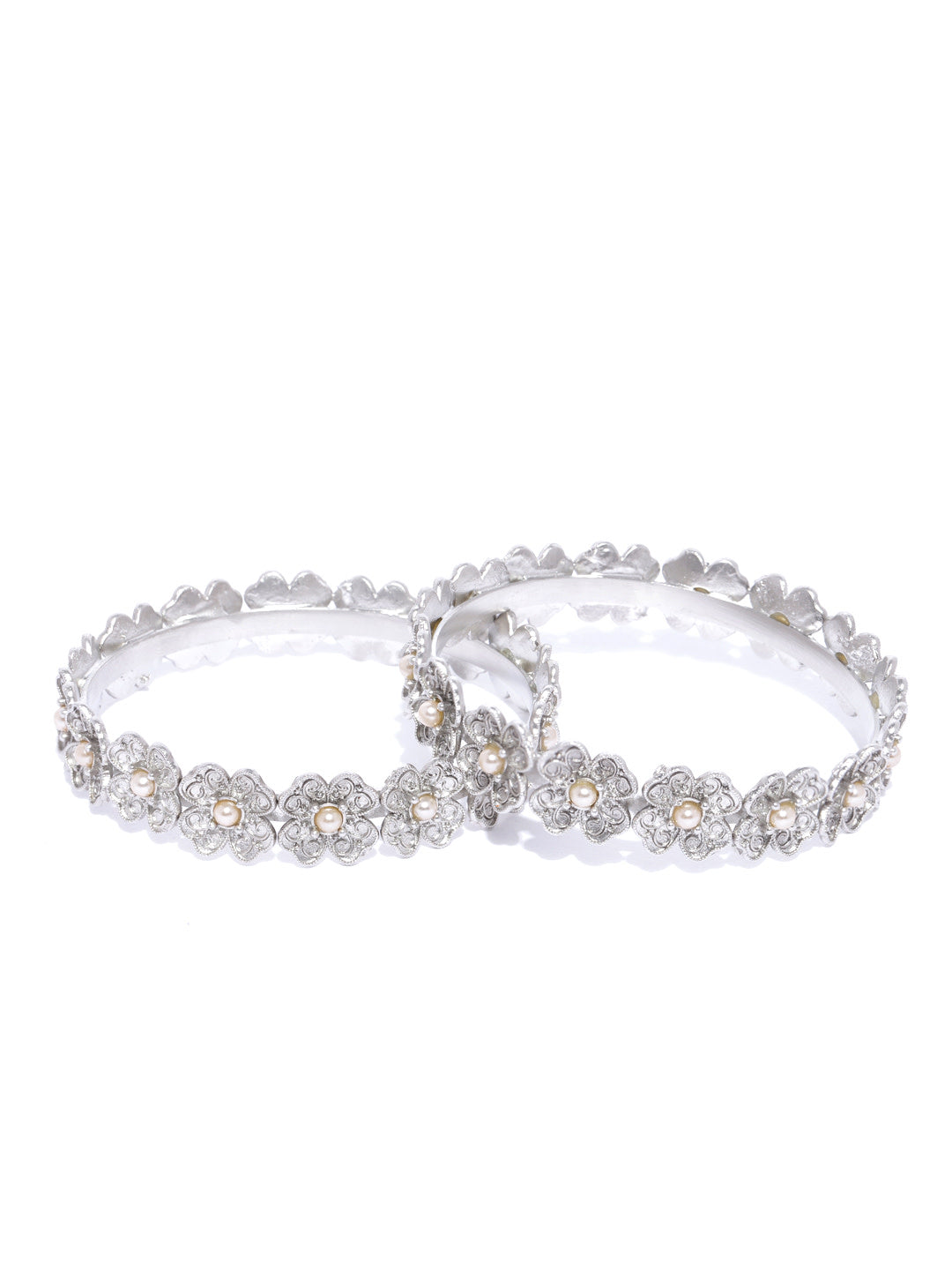 Set Of 2 Silver-Plated Pearls Studded Bangles in Floral Pattern