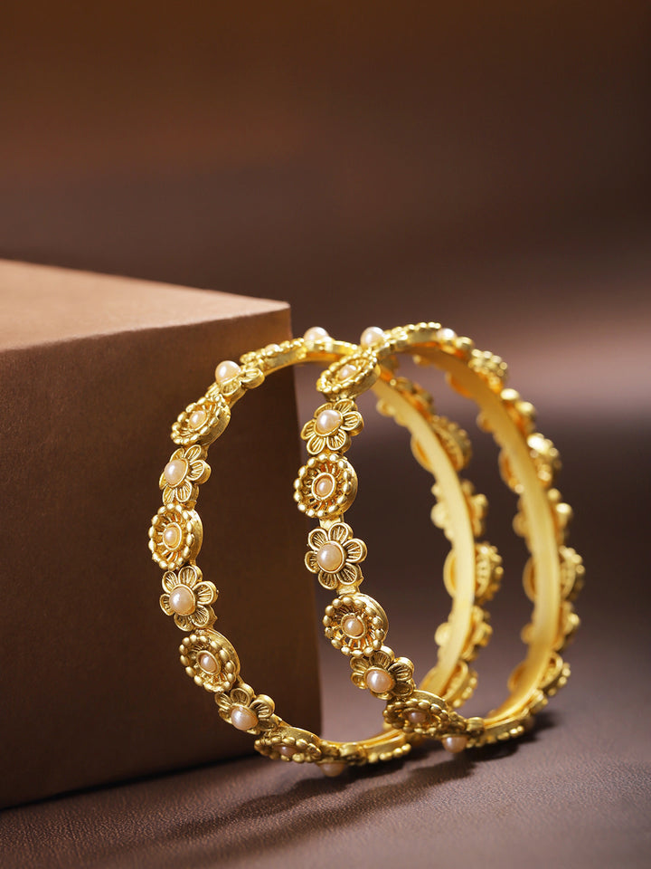 Set Of 2 Gold-Plated Pearls Studded Bangles in Floral Pattern