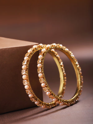 Set Of 2 Gold-Plated Pearls and Stones Studded Bangles