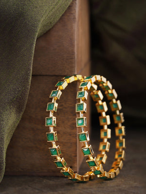 Set Of 2 Gold-Plated Geometric Shape Emerald Studded Bangles