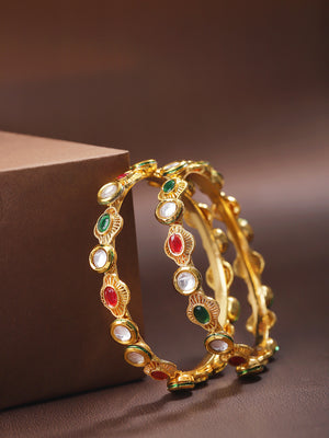 Set Of 2 Gold-Plated Kundan, Ruby & Emerald Studded Bangles