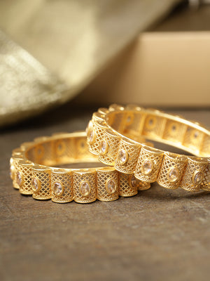 Set Of 2 Gold-Plated Stones Studded Jali Work Bangles