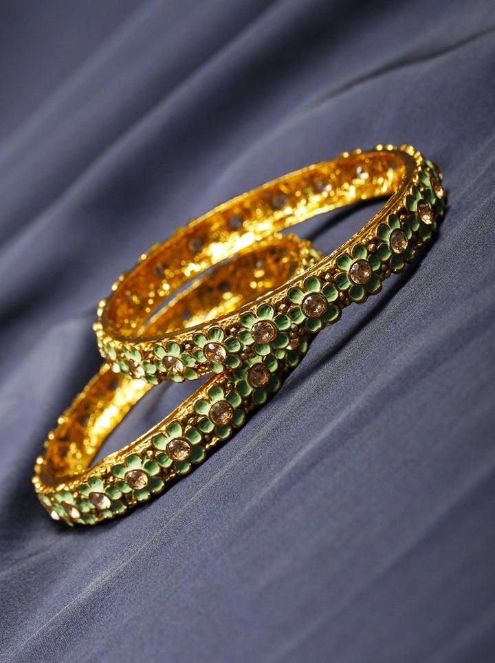 Set of 2 Gold Plated Green Flower Shaped Bangles