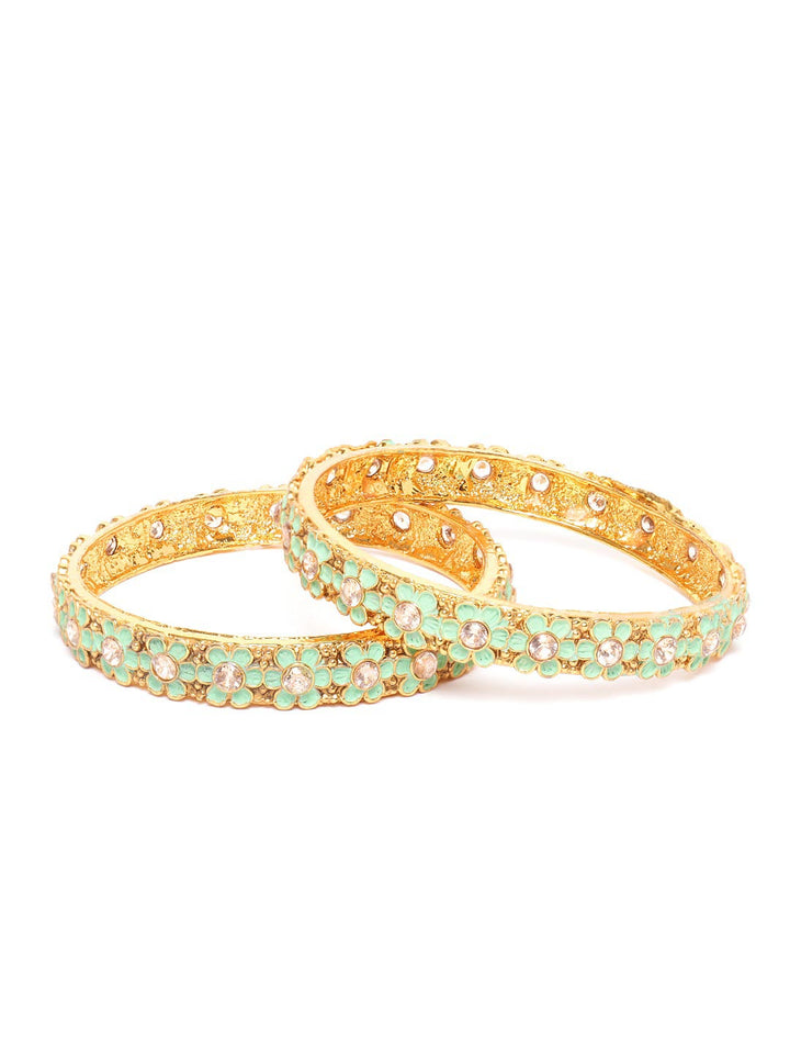 Set of 2 Gold Plated Green Flower Shaped Bangles