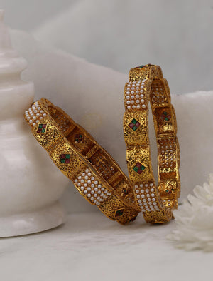 Set of 2 Gold Plated Ruby and Emerald Studded Bangles