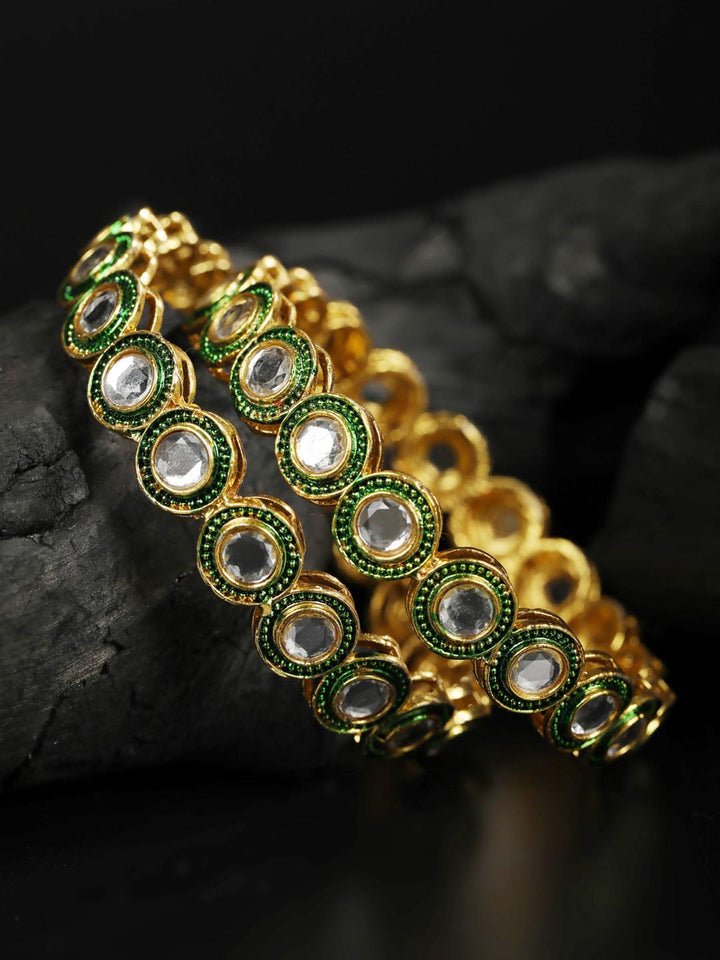 Dastoor - Set of 2 Green Stone Studded Rose Gold Plated Bangles