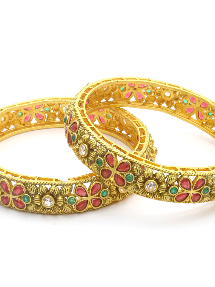 Multi Color Ruby Emaraled Gold-Plated Set Of 2 Bangles