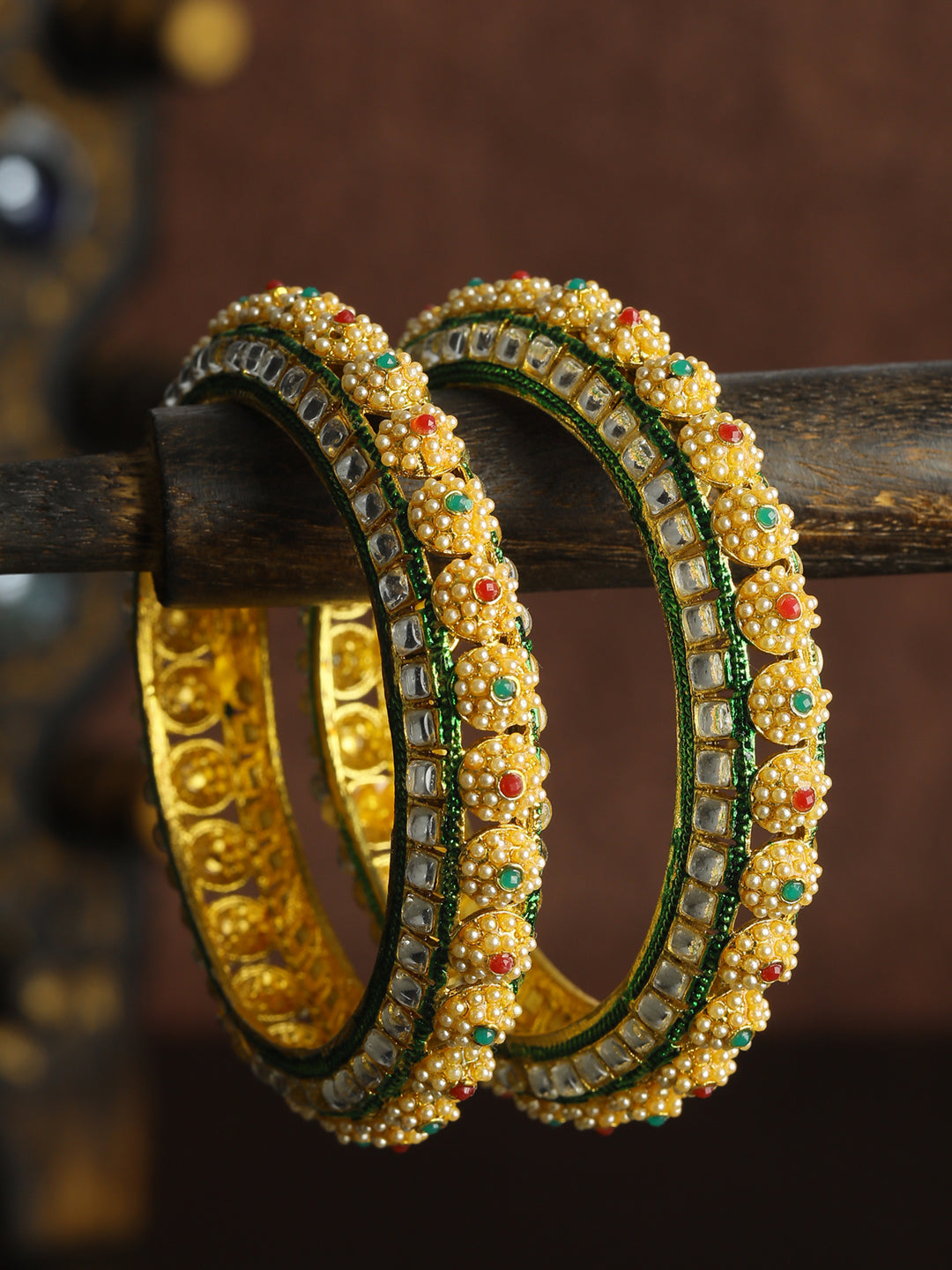 Multi Color Kundan Pearls Gold Platted Set Of 2 Bangles