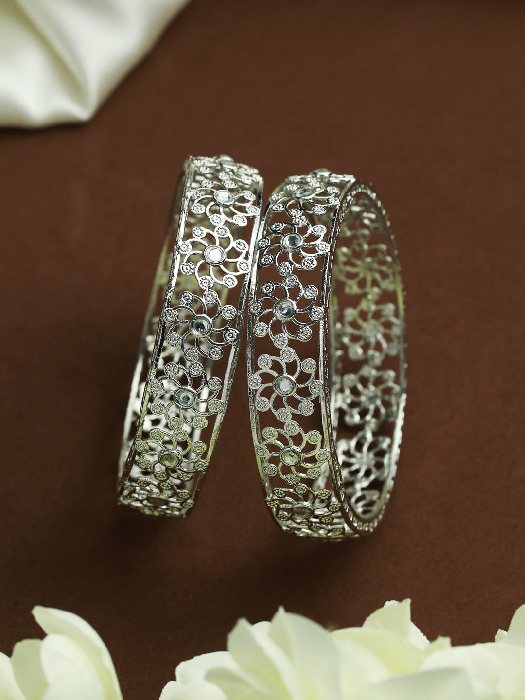 Priyaasi Stone Studded Floral Silver Plated Bangle Set of 2