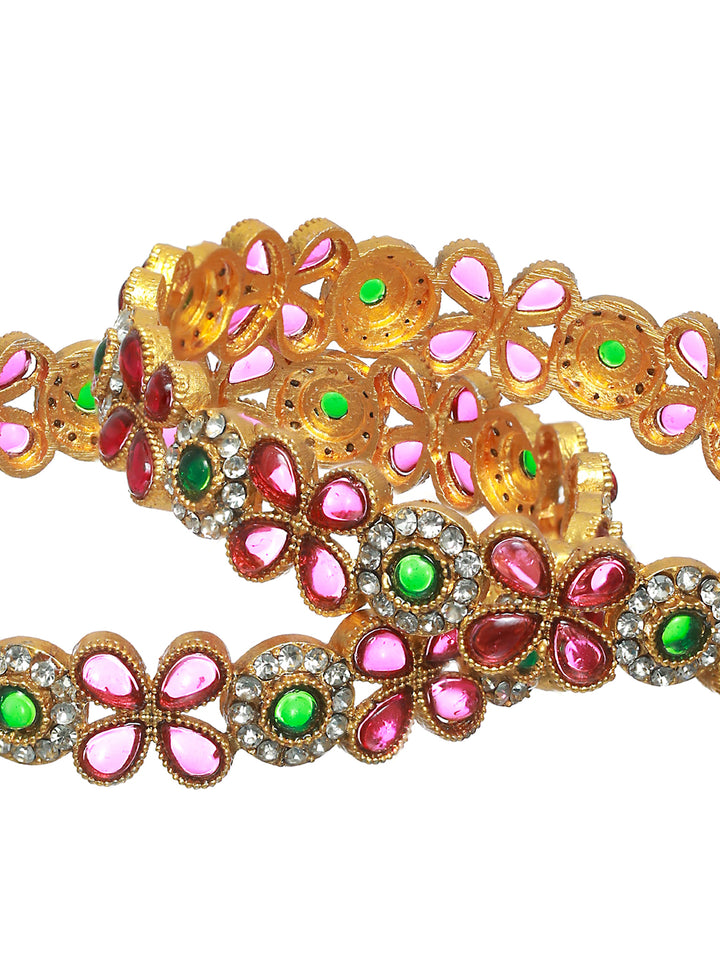 Priyaasi Pink & Green Stone Studded Flower Bangle Set of 2