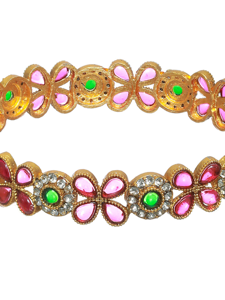 Priyaasi Pink & Green Stone Studded Flower Bangle Set of 2
