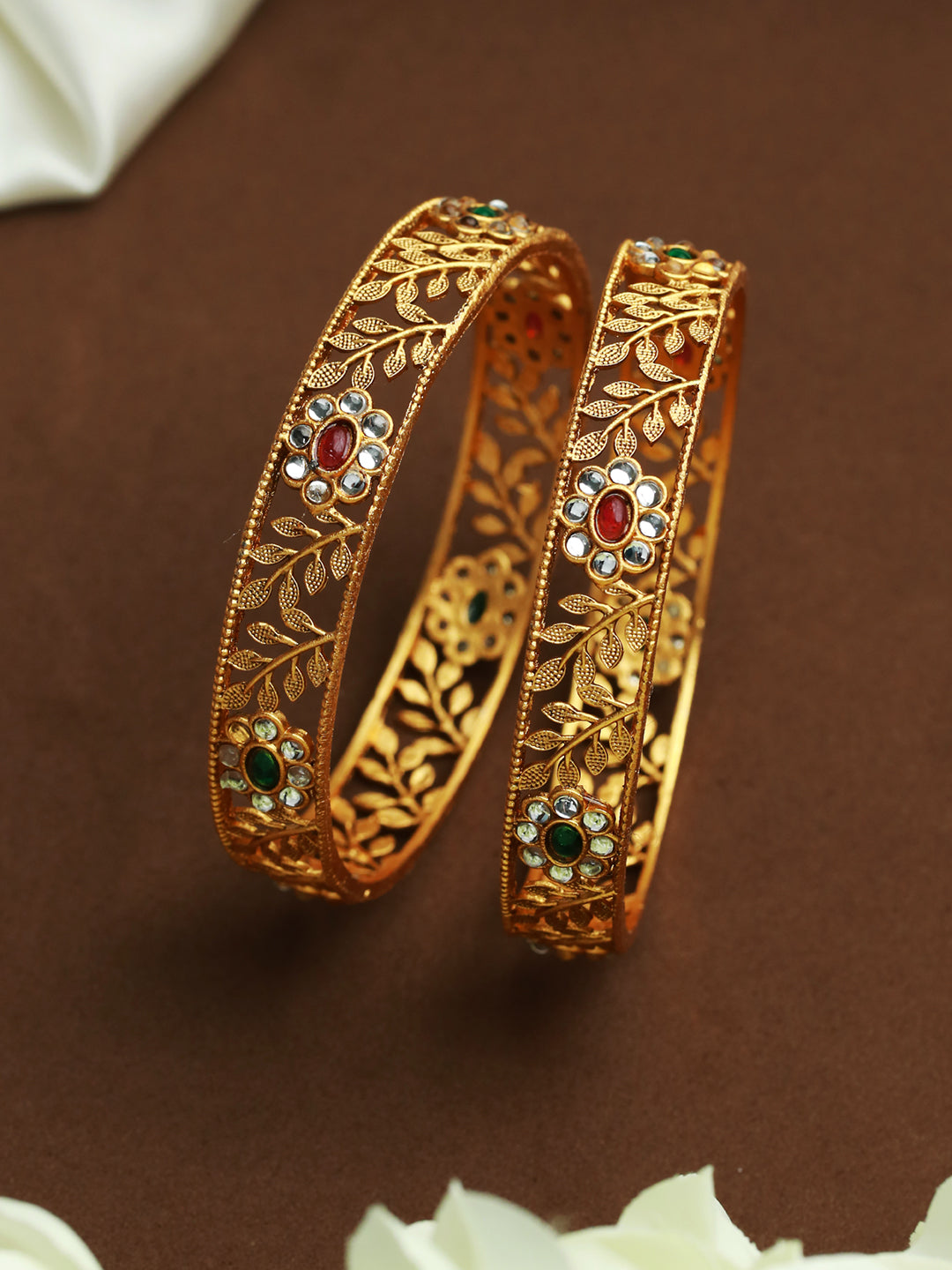 Priyaasi Green & Ruby Stone Studded Gold Plated Floral Bangle Set of 2