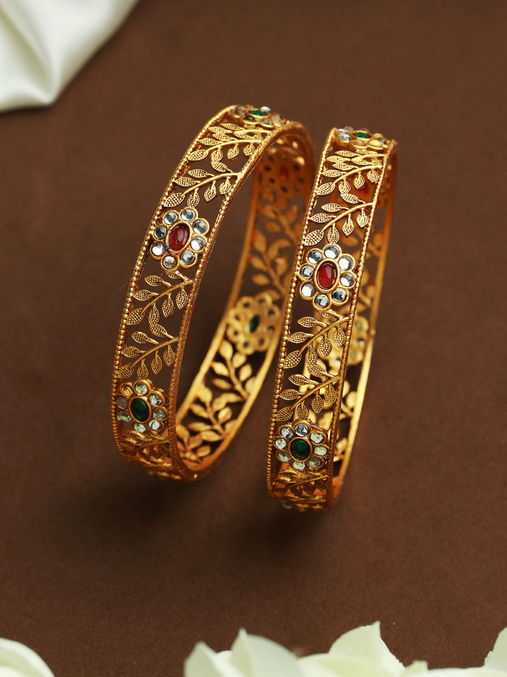Priyaasi Green & Ruby Stone Studded Gold Plated Floral Bangle Set of 2
