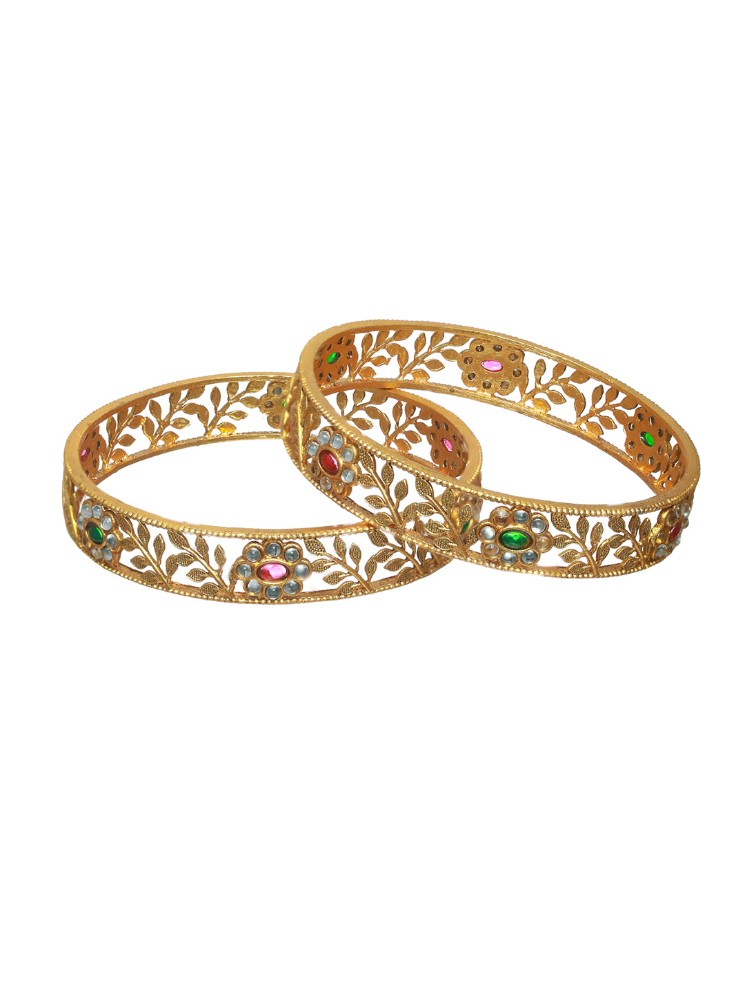 Priyaasi Green & Ruby Stone Studded Gold Plated Floral Bangle Set of 2