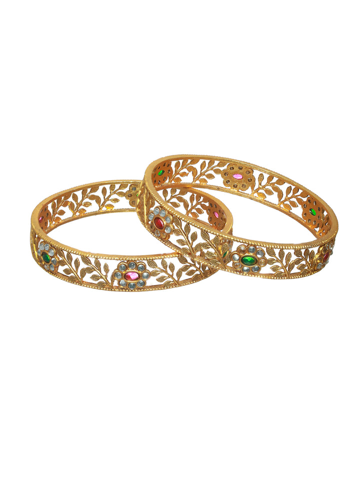 Priyaasi Green & Ruby Stone Studded Gold Plated Floral Bangle Set of 2