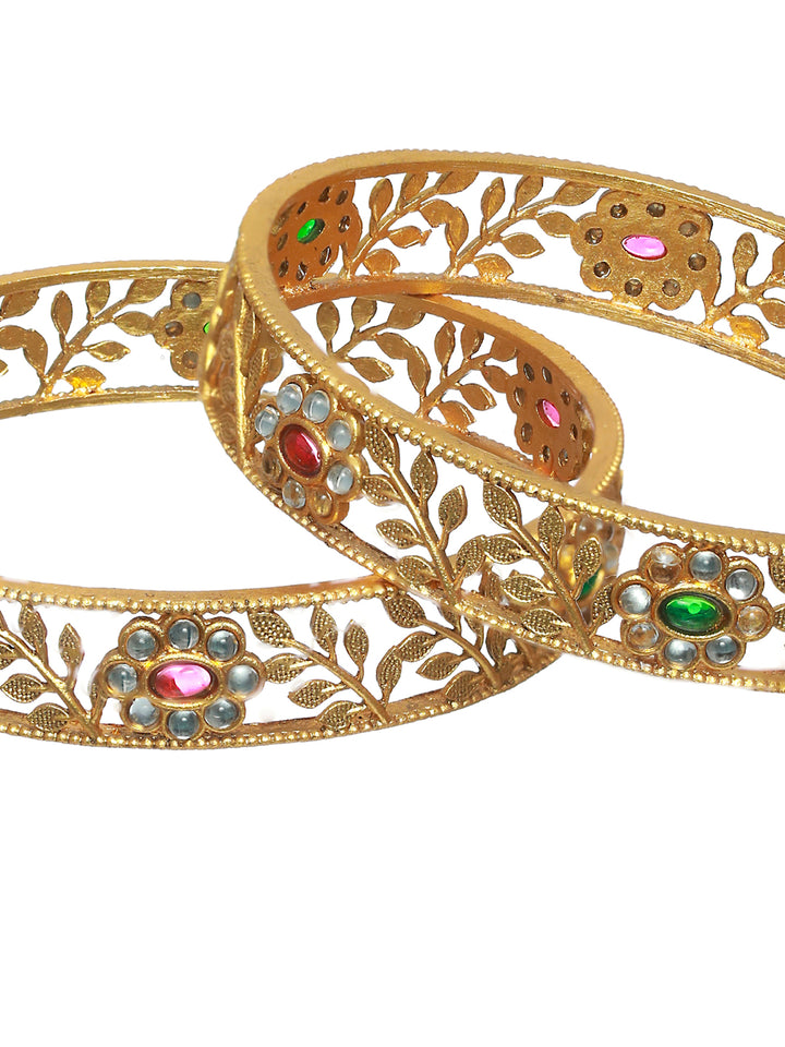 Priyaasi Green & Ruby Stone Studded Gold Plated Floral Bangle Set of 2