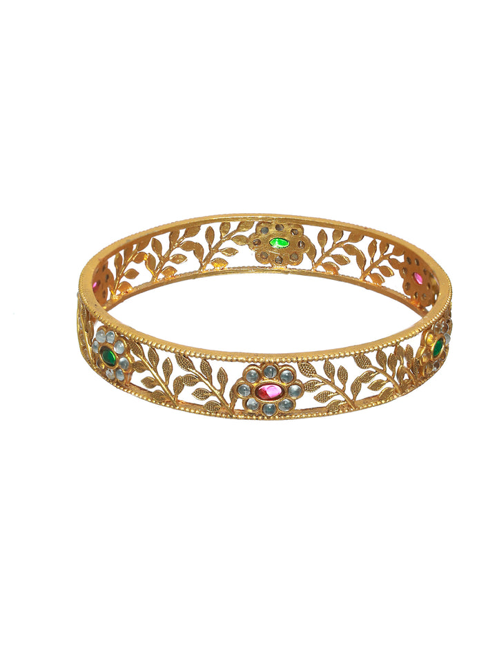 Priyaasi Green & Ruby Stone Studded Gold Plated Floral Bangle Set of 2