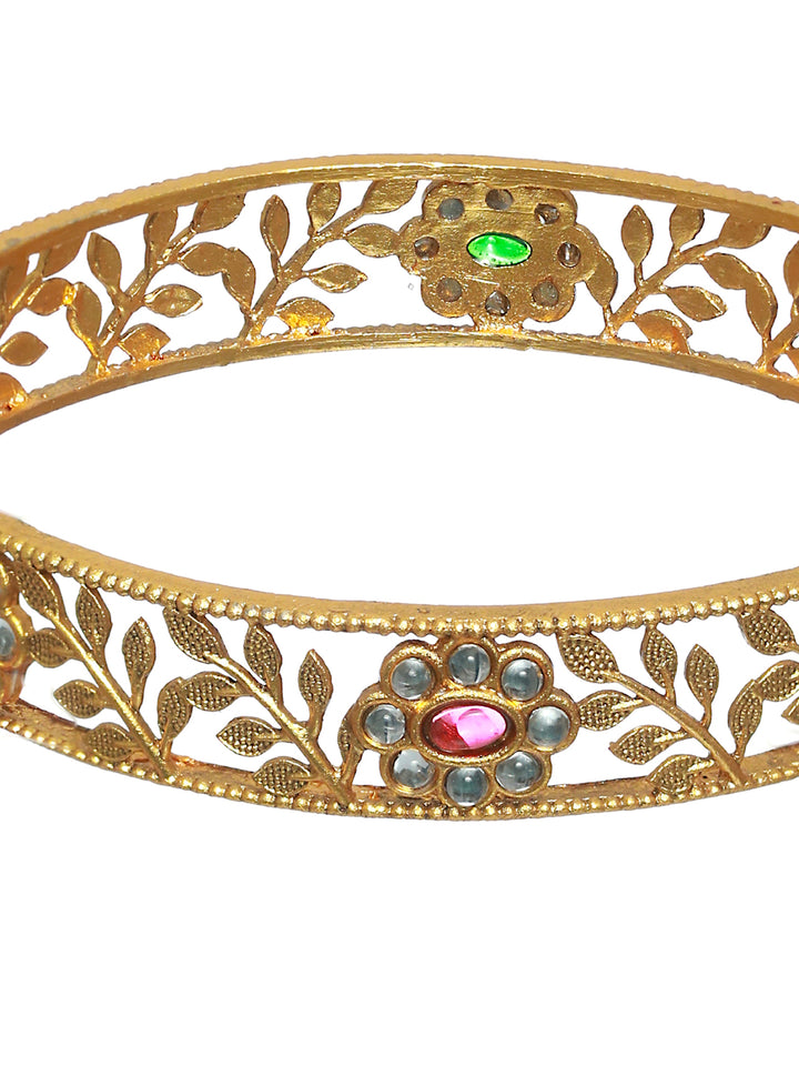 Priyaasi Green & Ruby Stone Studded Gold Plated Floral Bangle Set of 2