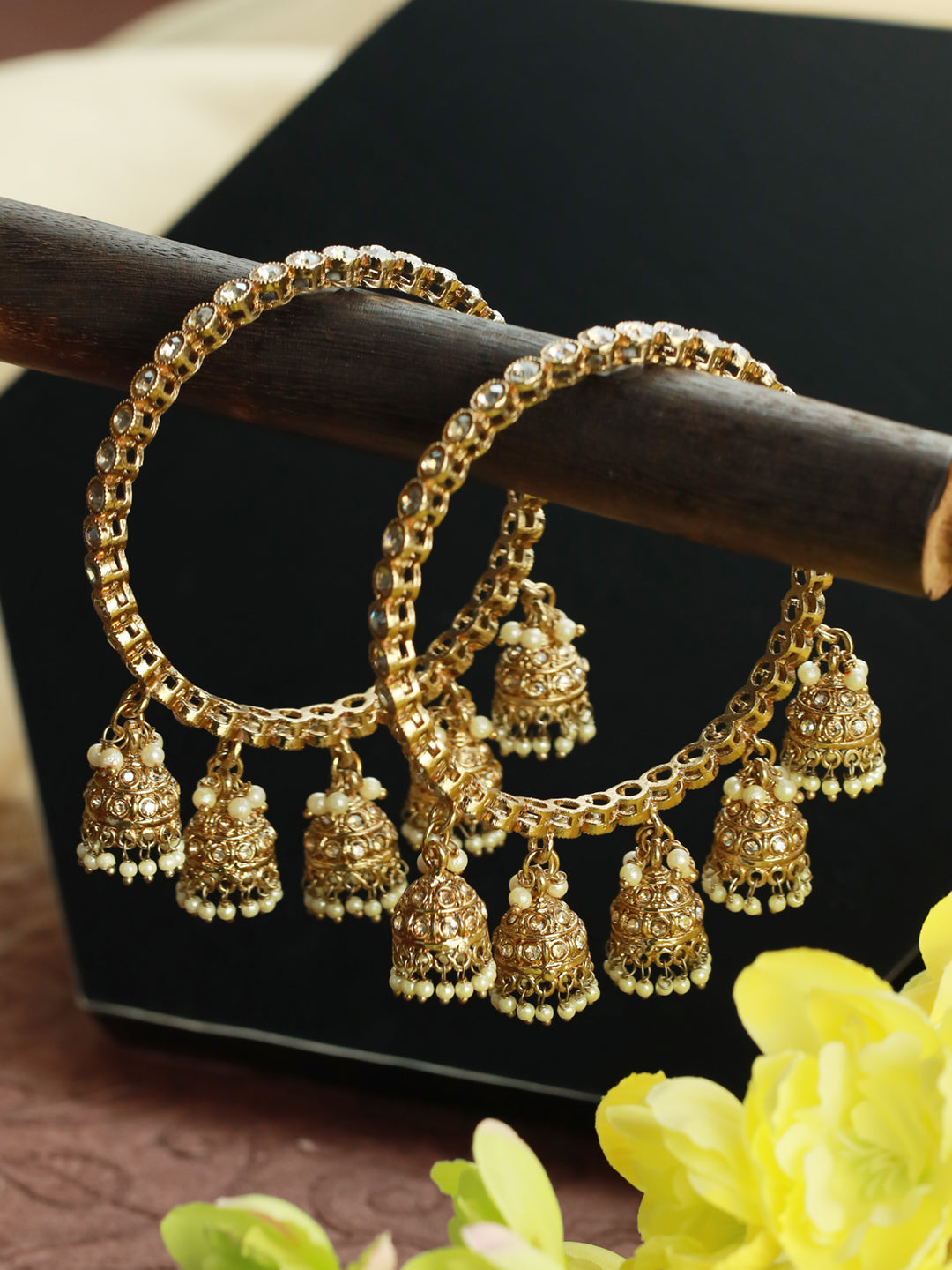 Priyaasi Studded Gold Plated Pearl Jhumka Drop Bangle Set of 2
