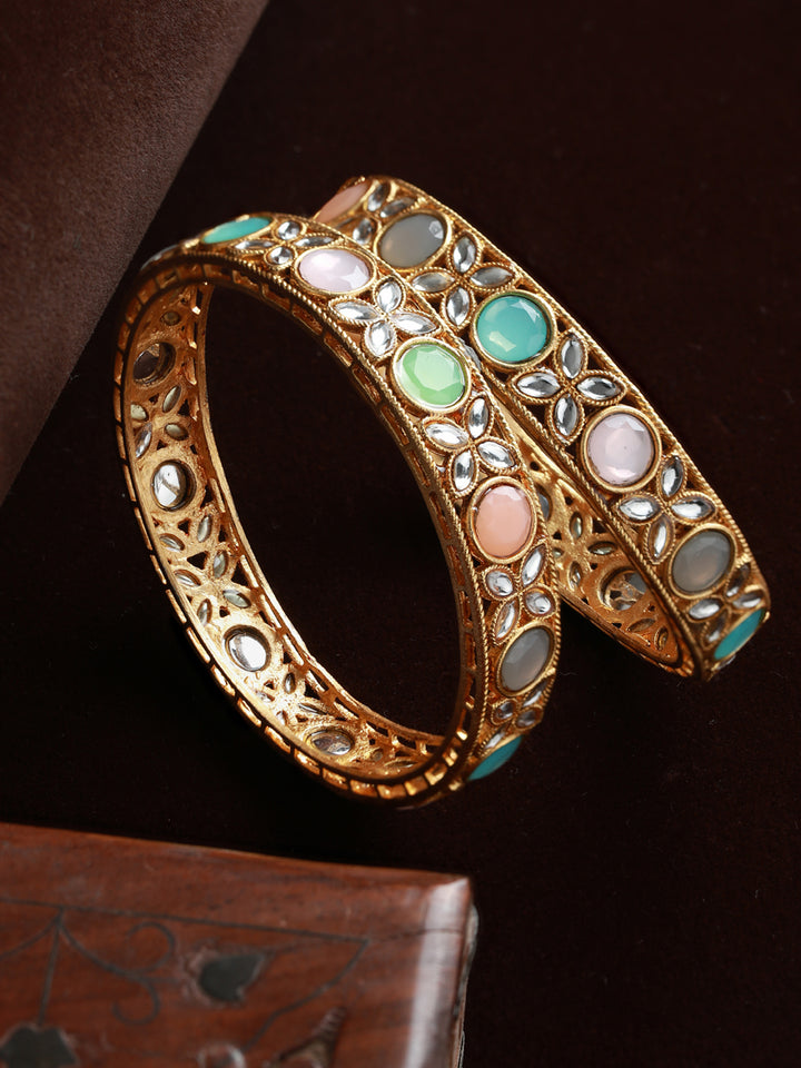 Priyaasi Multicolor Floral Pastel Stone Studded Gold Plated Bangle Set of 2