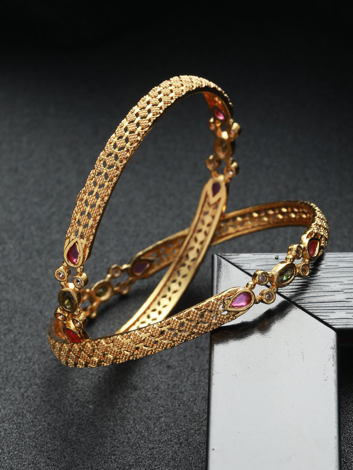Priyaasi Studded Geometric Embossed Design Gold-Plated Bangle Set of 2