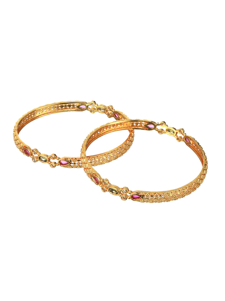 Priyaasi Studded Geometric Embossed Design Gold-Plated Bangle Set of 2