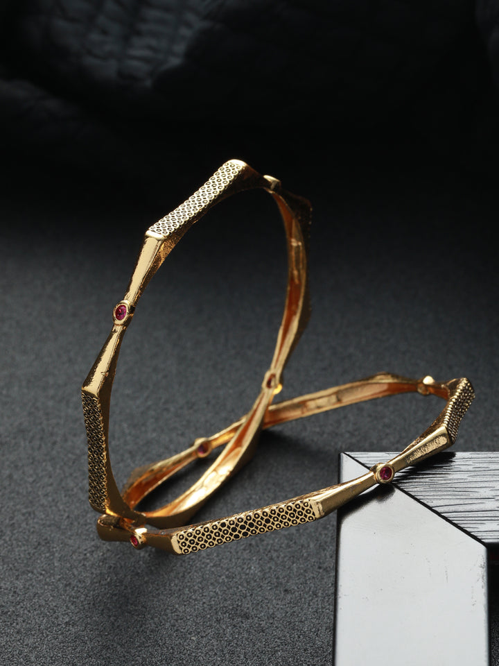 Priyaasi Designer Embossed Hexagon Gold-Plated Bangle Set of 2