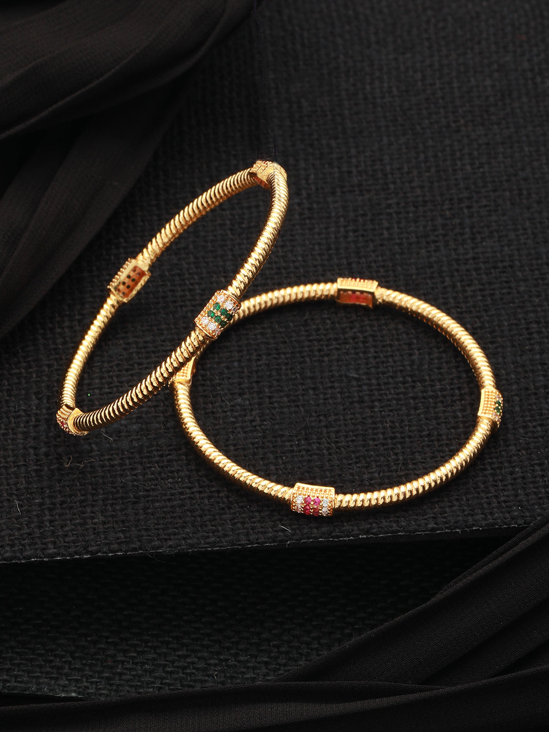 Spiral Pink & White Stone Studded Gold-Plated Bangle Set of 2