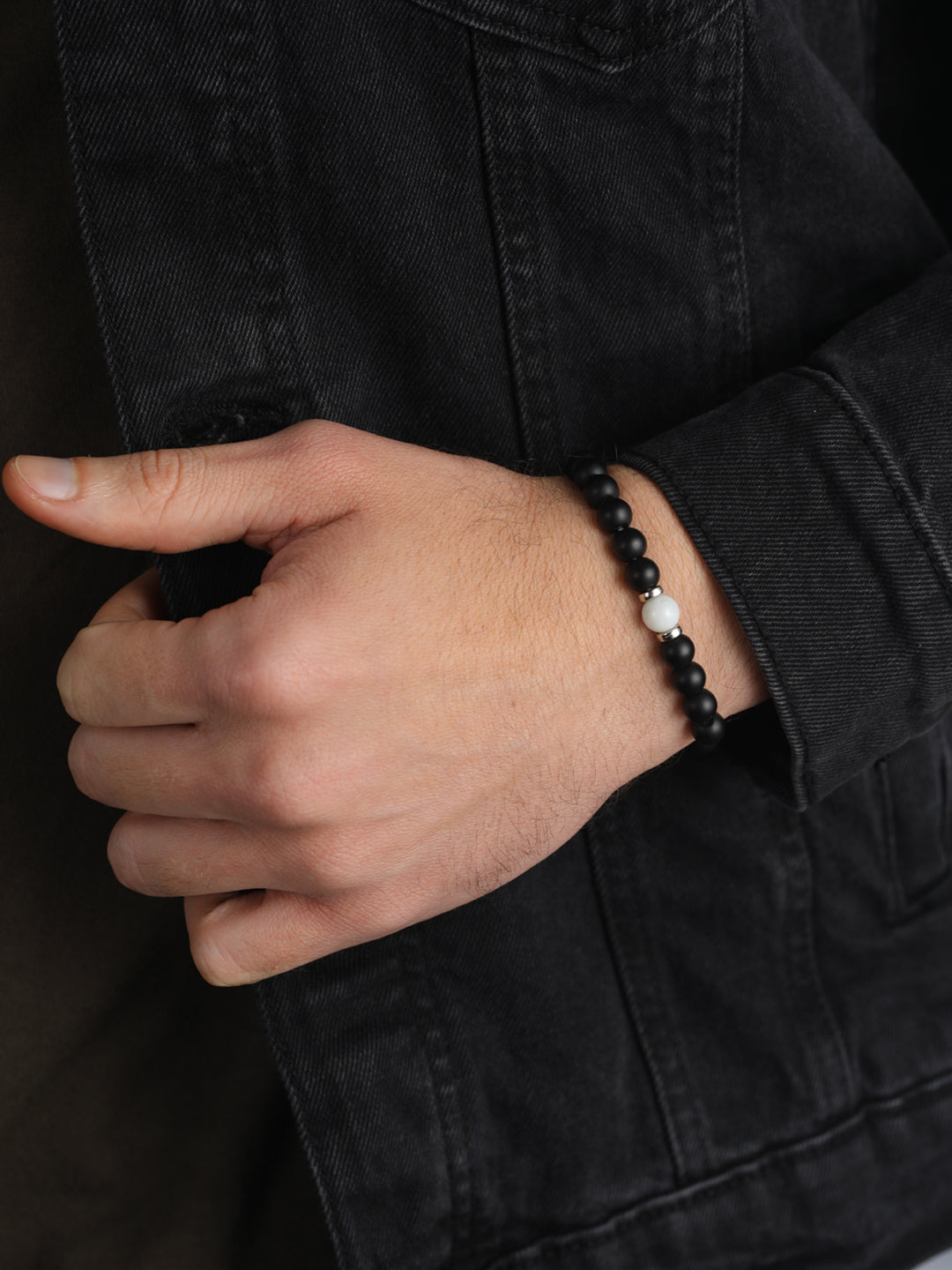 Black & White Beaded Link Bracelet for Men