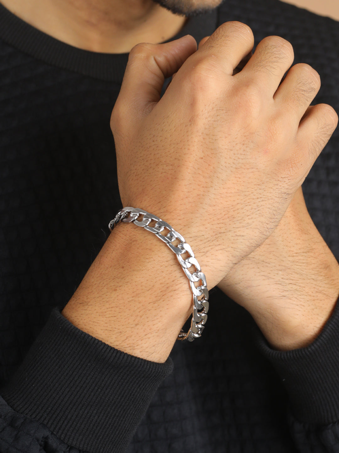 Bold by Priyaasi Textured Link Chain Silver-Plated Bracelet for Men